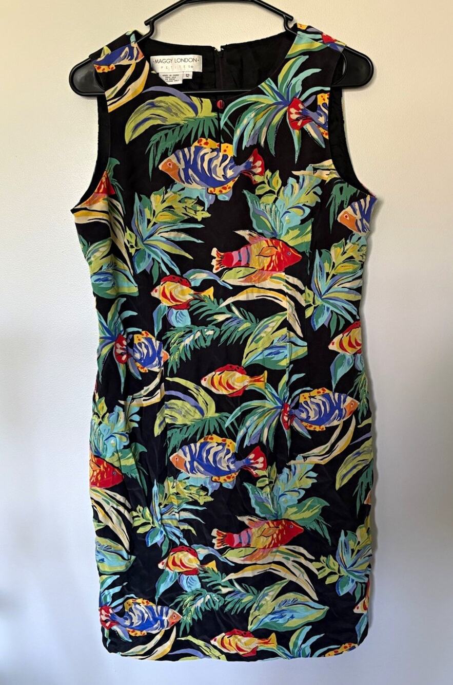 Maggy London Black/Multicolor Fish Print Sheath Dress 100% Silk, 12P